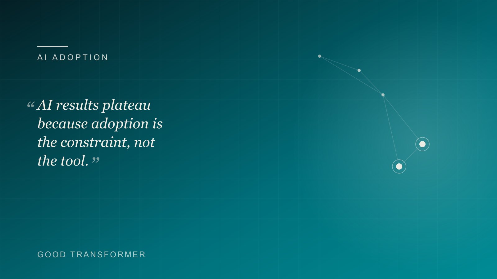Dark teal cover with a narrowing-pipe motif and the Good Transformer wordmark, marking an article on AI adoption as the real constraint for firms.