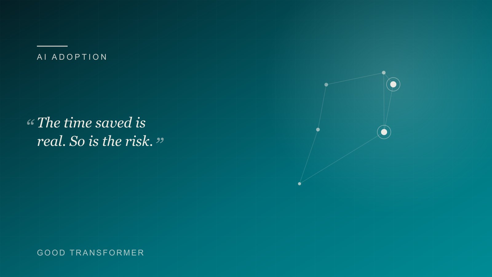 Dark teal cover with a node-and-edge motif and the Good Transformer wordmark, marking an article on AI for bookkeepers.