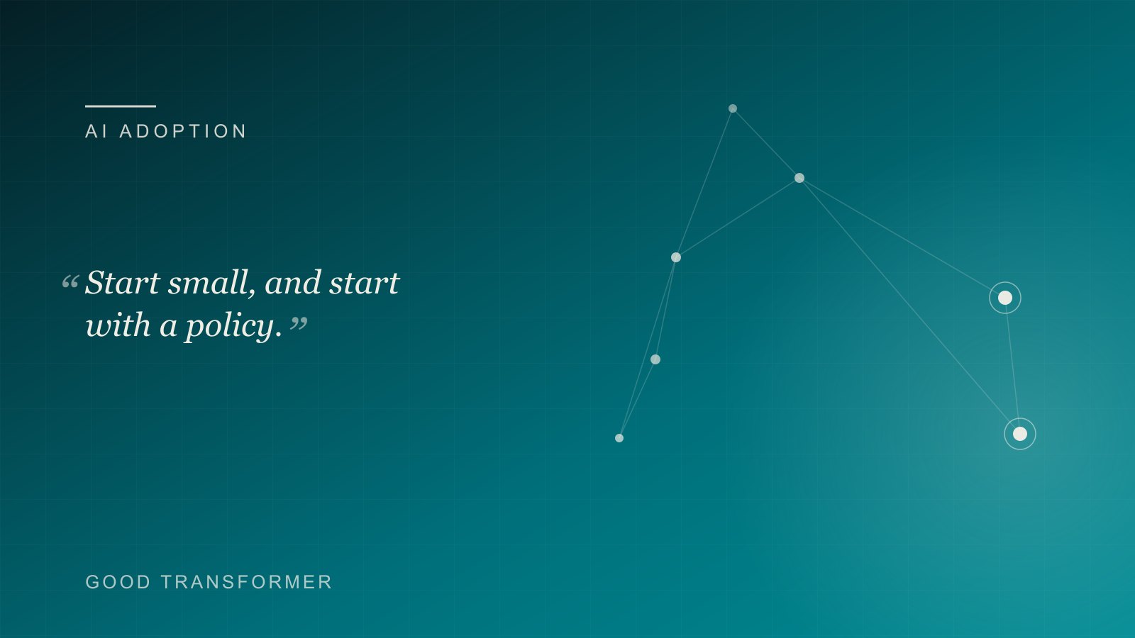 Dark teal cover with a node-and-edge motif and the Good Transformer wordmark, marking an article on AI for charities.