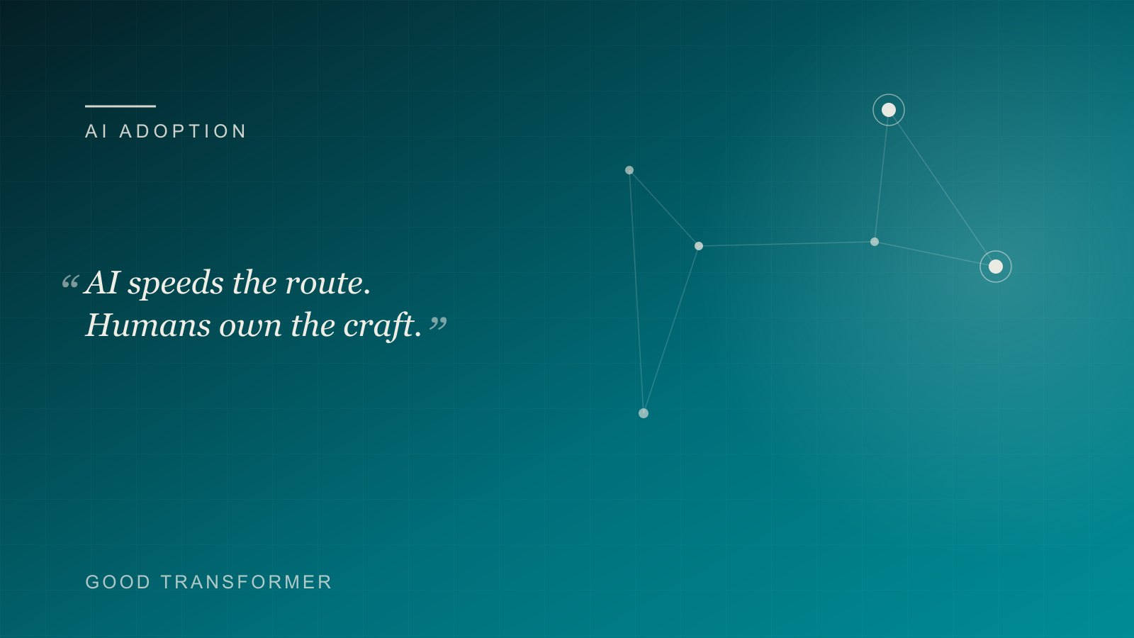 Dark teal cover with a node-and-edge motif and the Good Transformer wordmark, marking an article on AI for creative studios.