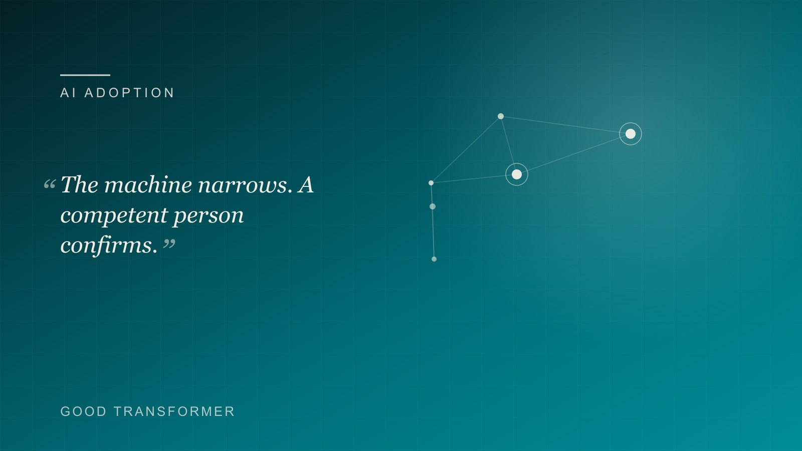 Dark teal cover with a node-and-edge motif and the Good Transformer wordmark, marking an article on AI for ecology consultancies.