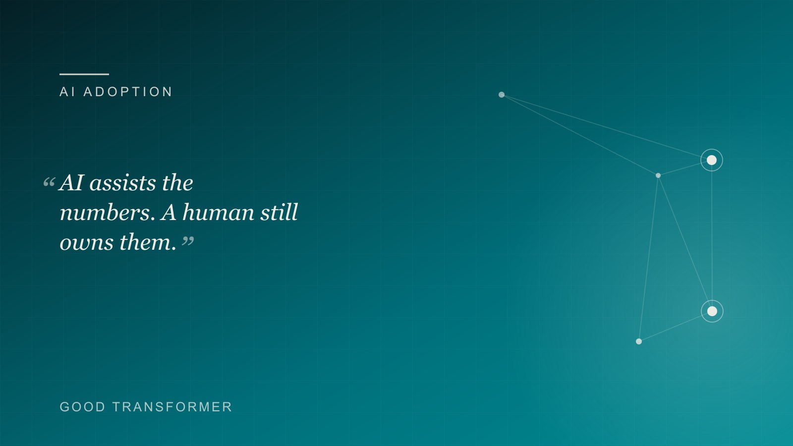 Dark teal cover with a node-and-edge motif and the Good Transformer wordmark, marking an article on AI for finance teams.