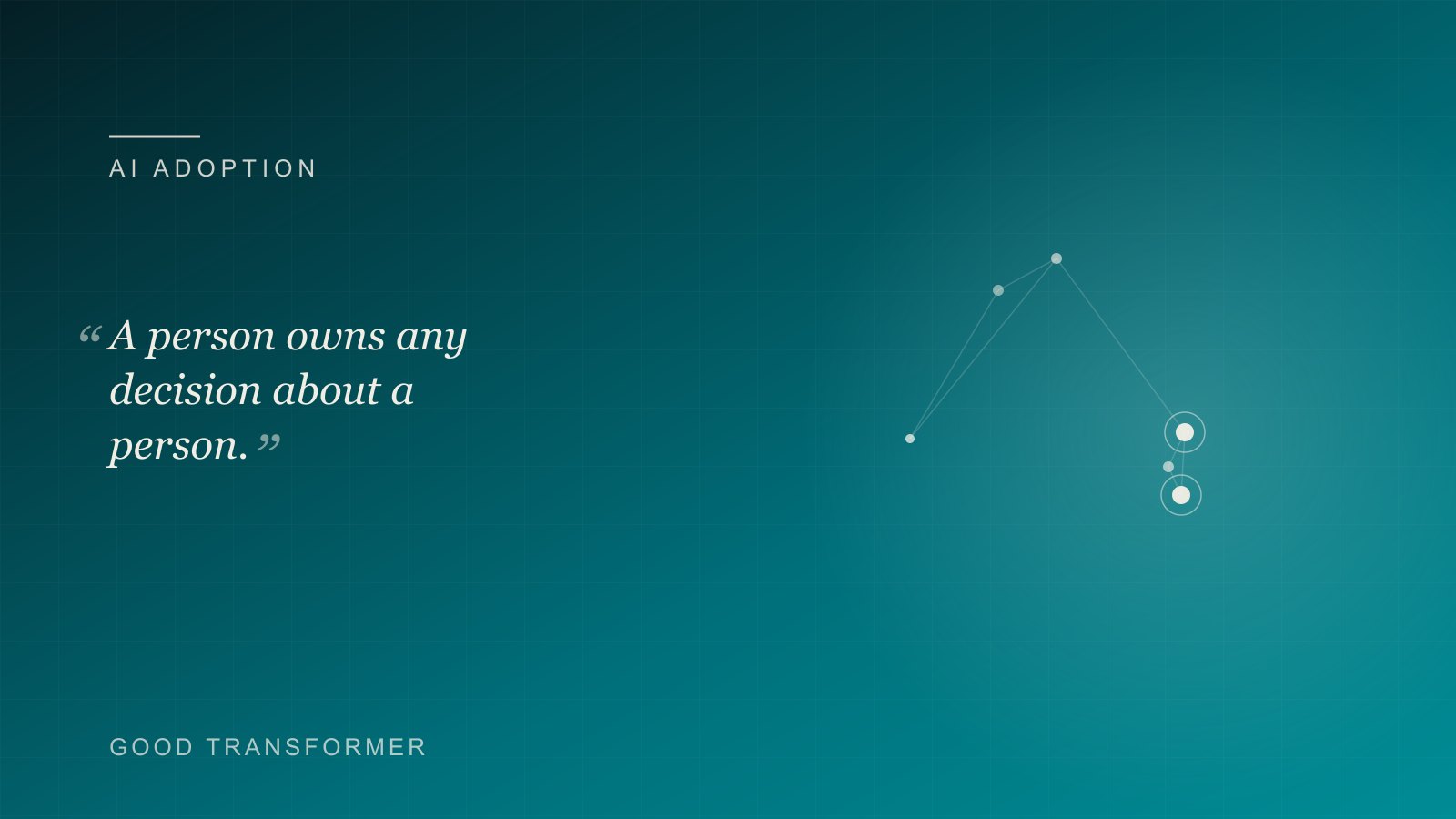 Dark teal cover with a node-and-edge motif and the Good Transformer wordmark, marking an article on AI for HR teams.