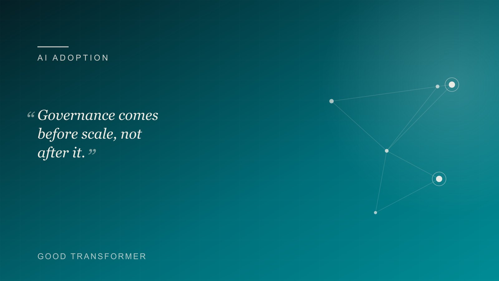 Dark teal cover with a node-and-edge motif and the Good Transformer wordmark, marking an article on AI for insurance brokers.
