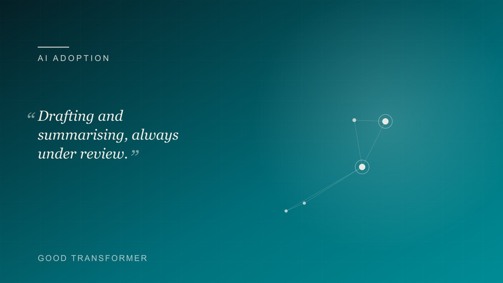 Dark teal cover with a node-and-edge motif and the Good Transformer wordmark, marking an article on AI for law firms.