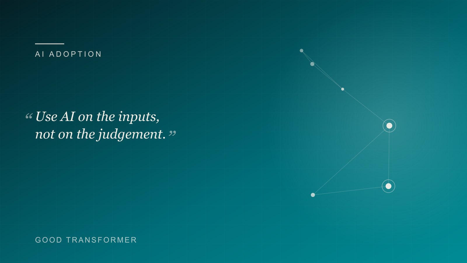 Dark teal cover with a node-and-edge motif and the Good Transformer wordmark, marking an article on AI for management consultants.