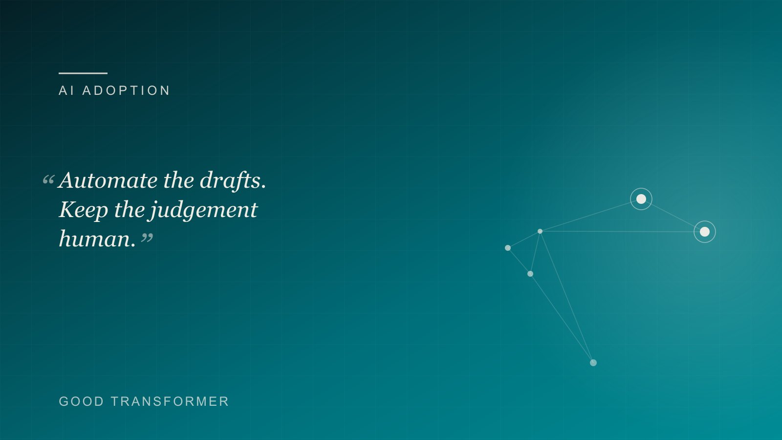 Dark teal cover with a node-and-edge motif and the Good Transformer wordmark, marking an article on AI for marketing agencies.