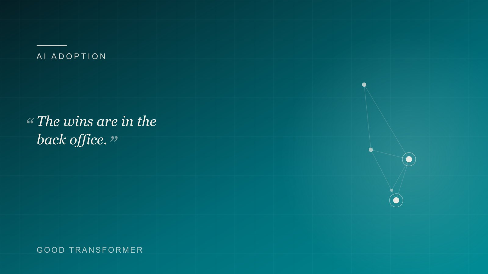 Dark teal cover with a node-and-edge motif and the Good Transformer wordmark, marking an article on AI for private clinics.