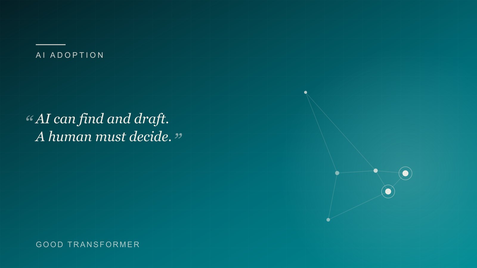 Dark teal cover with a node-and-edge motif and the Good Transformer wordmark, marking an article on AI for recruitment agencies.