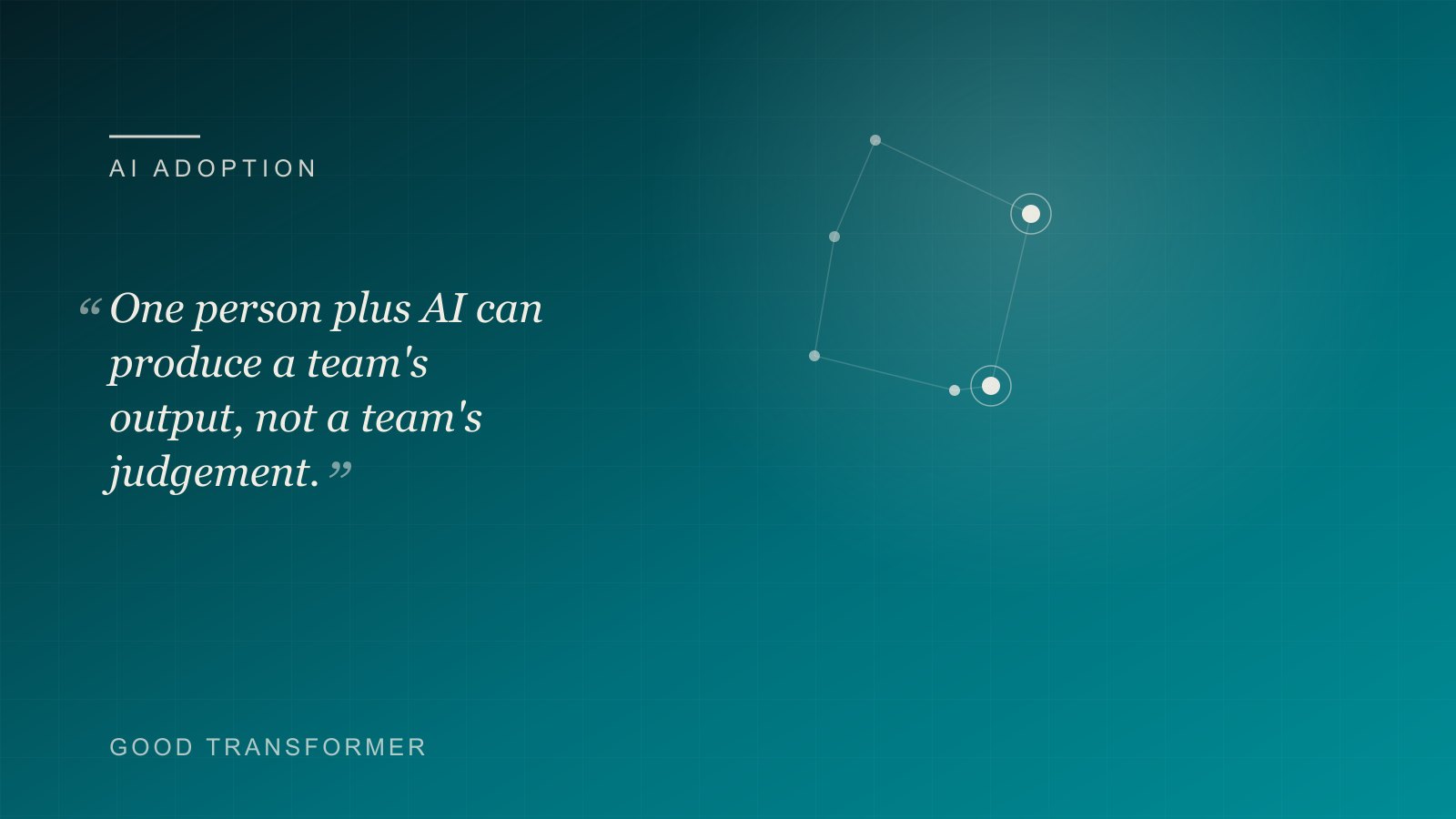 Dark teal cover with a node-and-edge motif and the Good Transformer wordmark, marking an article on managing one-person-plus-AI work.