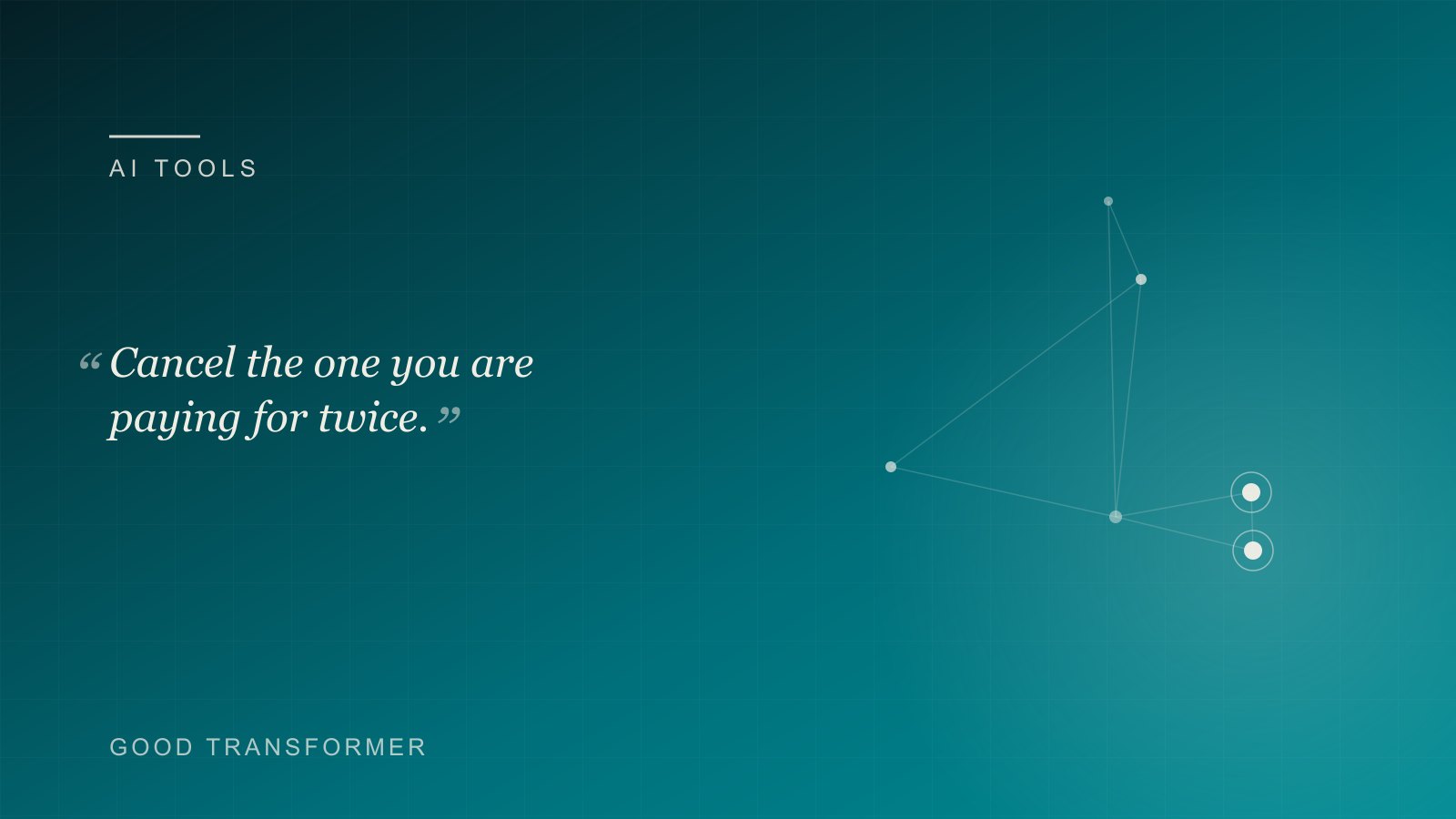 Dark teal cover with a node-and-edge motif and the Good Transformer wordmark, marking an article on cutting AI tool sprawl in a small firm.