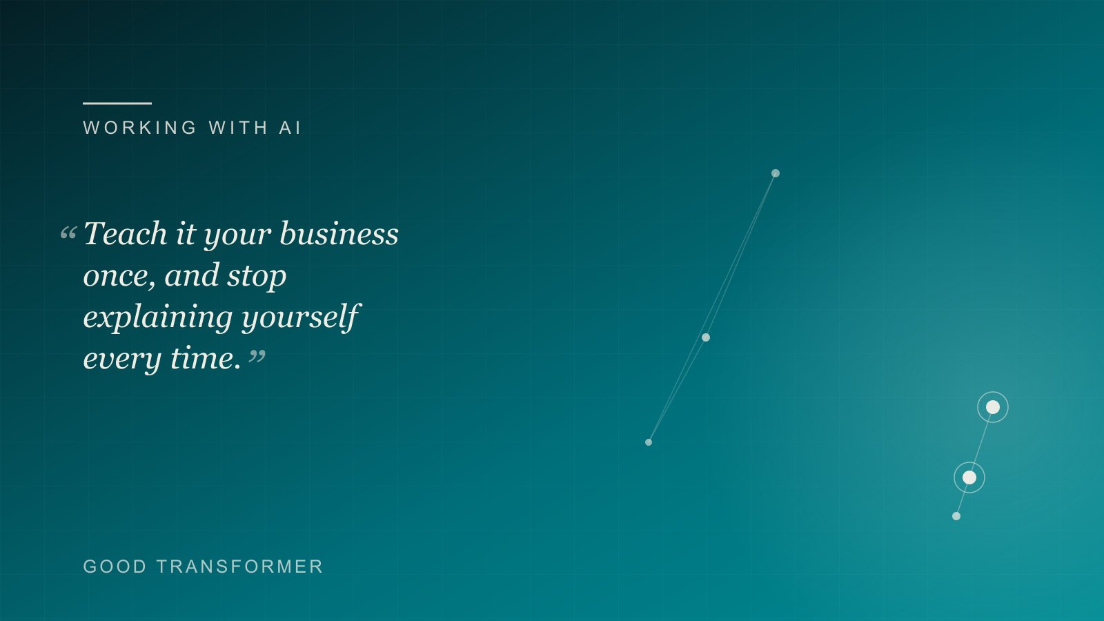 Dark teal cover with a central document feeding several nodes and the Good Transformer wordmark, marking an article on building a reusable AI context file.