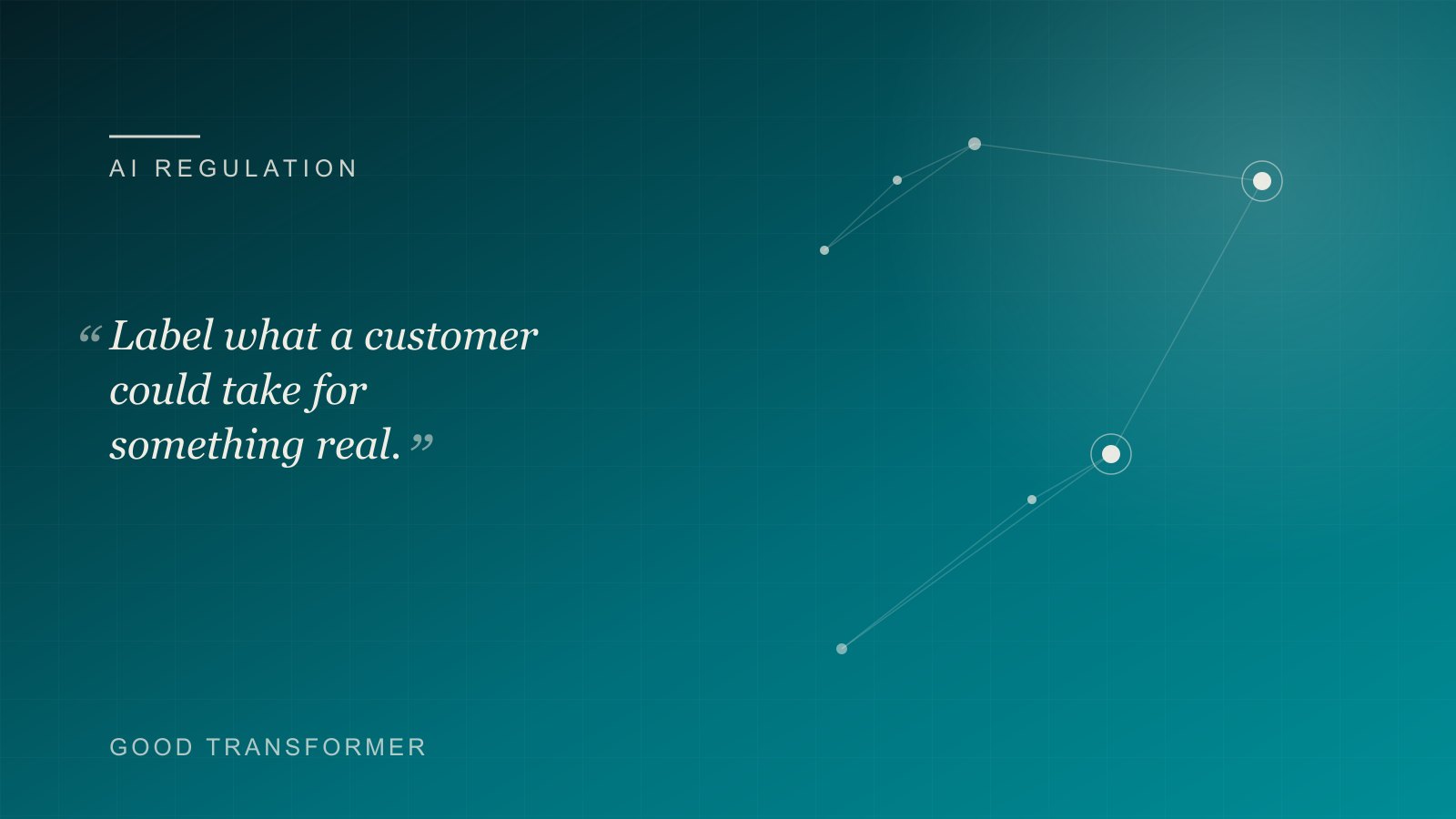 Dark teal cover with a label-and-tag motif and the Good Transformer wordmark, for an article on whether marketers must label AI-generated content.