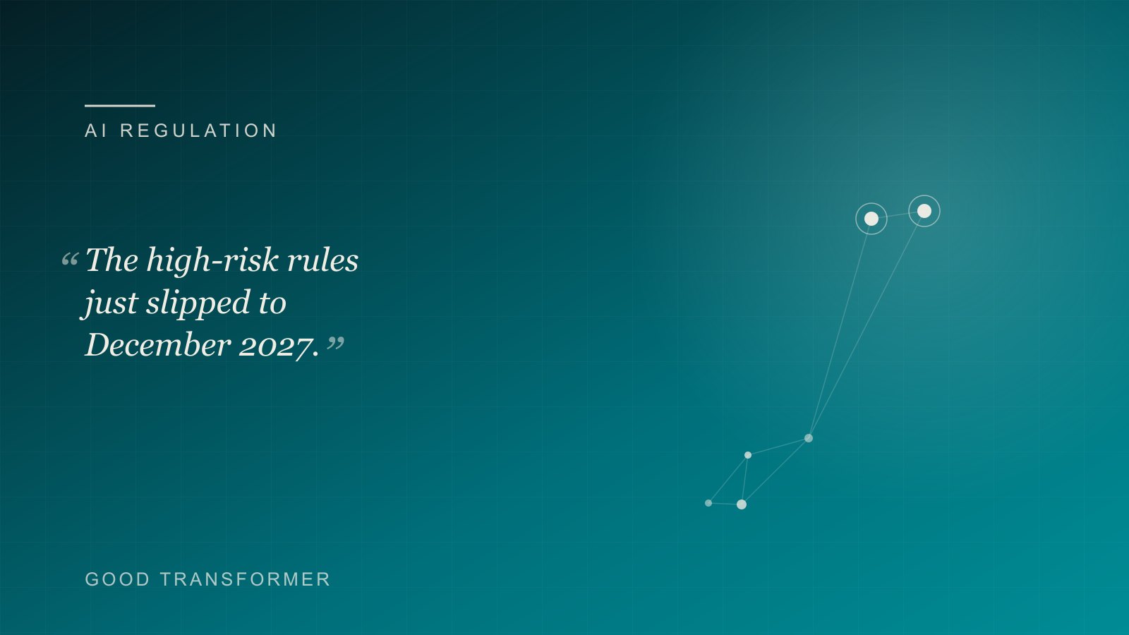Dark teal cover with a node-and-edge motif and the Good Transformer wordmark, marking an article on the EU AI Act high-risk deadline moving to December 2027.