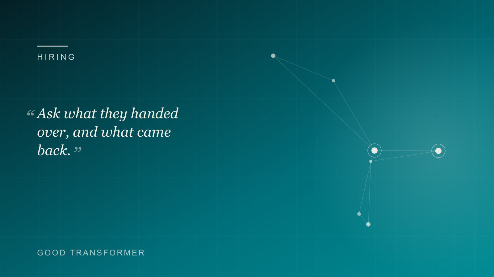 Dark teal cover with an interview table motif and the Good Transformer wordmark, for an article on testing AI skill when hiring.