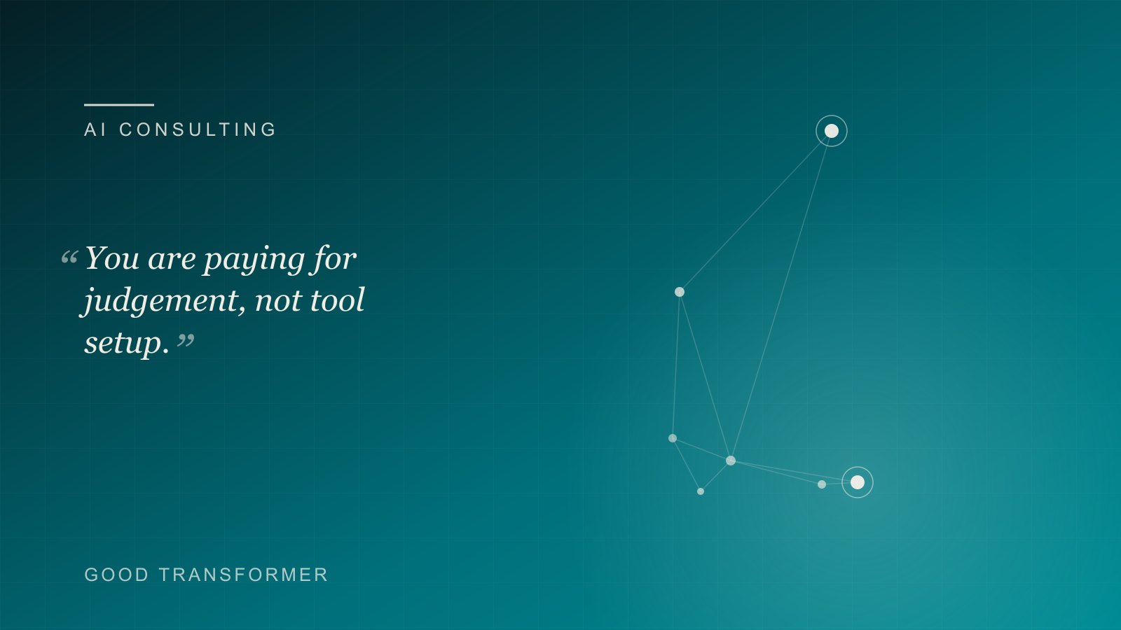 Dark teal cover with a node-and-edge motif and the Good Transformer wordmark, marking an article on what an AI consultant costs.