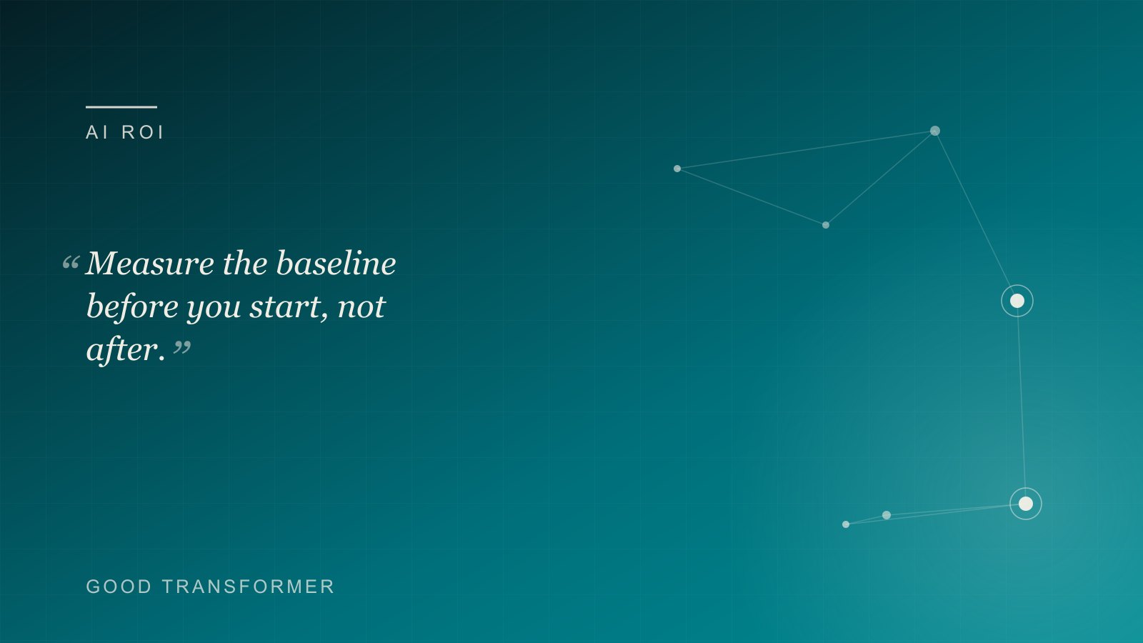 Dark teal cover with a node-and-edge motif and the Good Transformer wordmark, marking an article on how to calculate AI ROI.