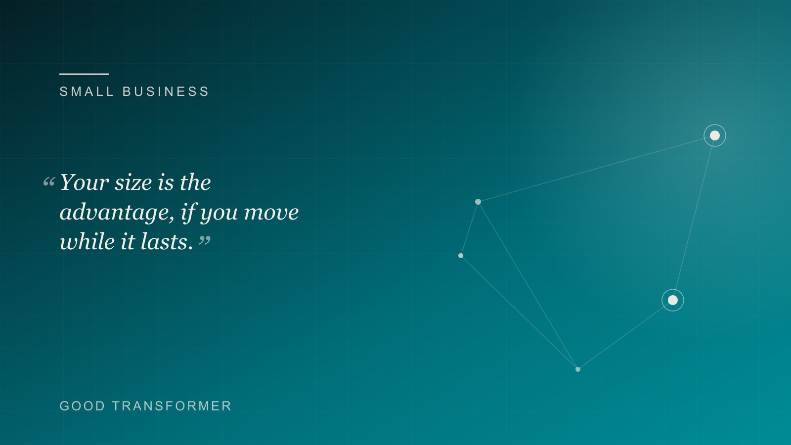 Dark teal cover with a small fast arrow overtaking a large slow shape and the Good Transformer wordmark, marking an article on small firms adopting AI faster than big ones.